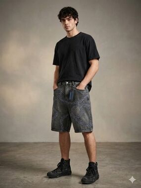 ROMWE Black Washed Embroidered Men's Denim Shorts